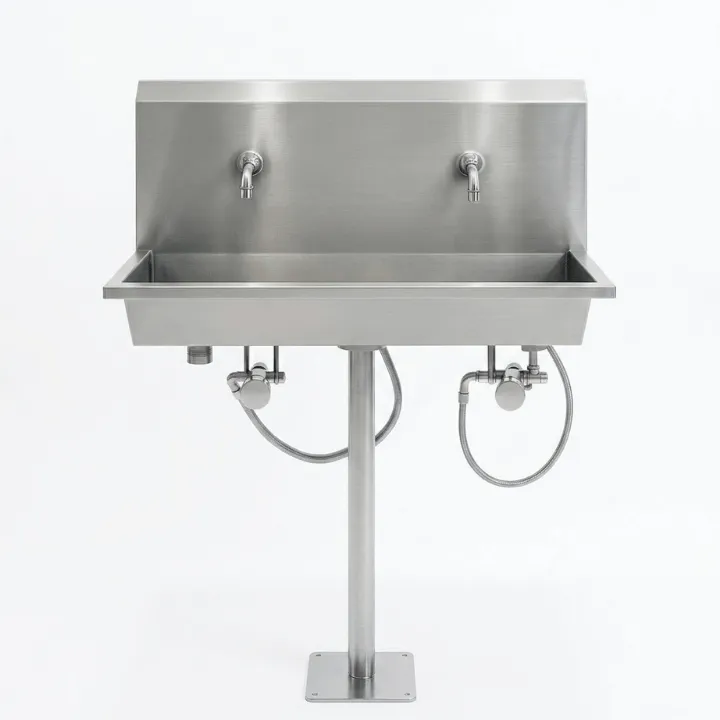 Wastafel Dinding Stainless Steel SS304 Kaki Pipa – 2 Kran (100x40x130 cm)