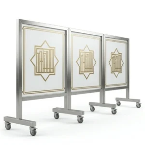 Pembatas Shalat Masjid Stainless Steel Roda Akrilik Sandblast (200x40 cm)