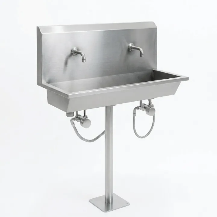 Wastafel Dinding Stainless Steel SS304 Kaki Pipa – 2 Kran (100x40x130 cm) - Image 2